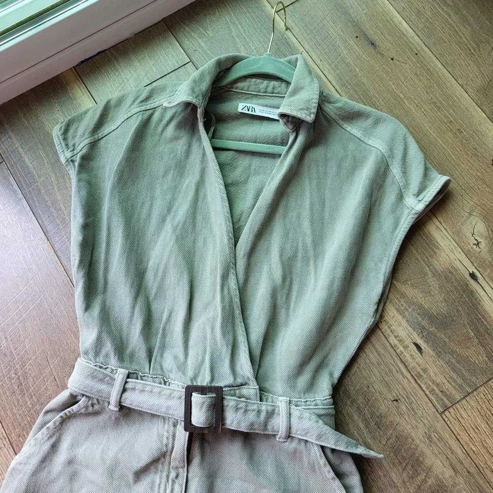 Zara Womens Sage Green Denim Belted Utility Jumpsuit Short Sleeve XS 1887/163